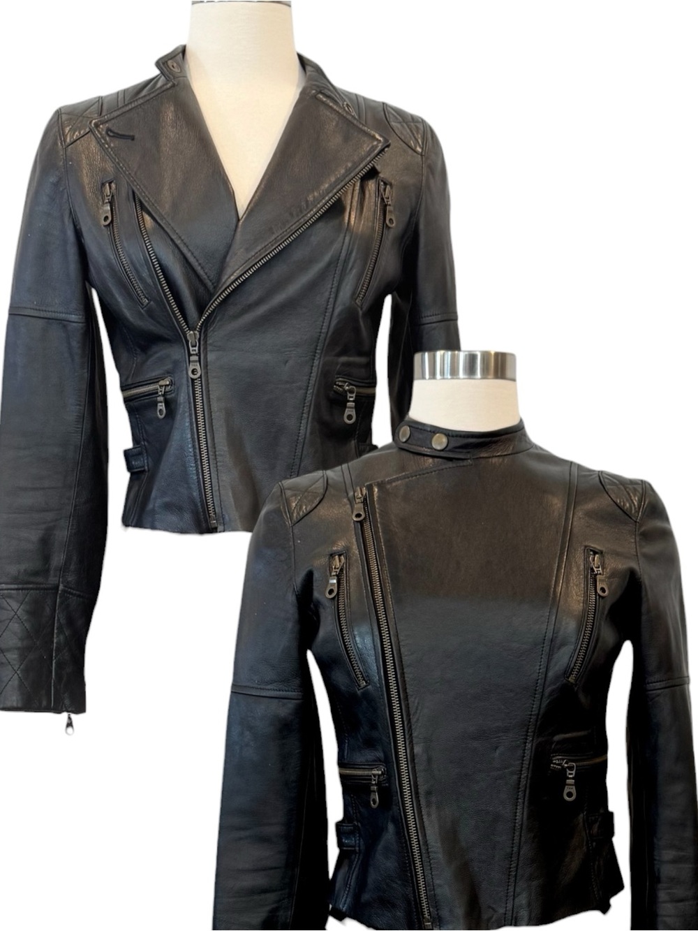Laundry Genuine Lamb Leather Black Crop Moto Cafe Racer Motorcycle Jacket 6